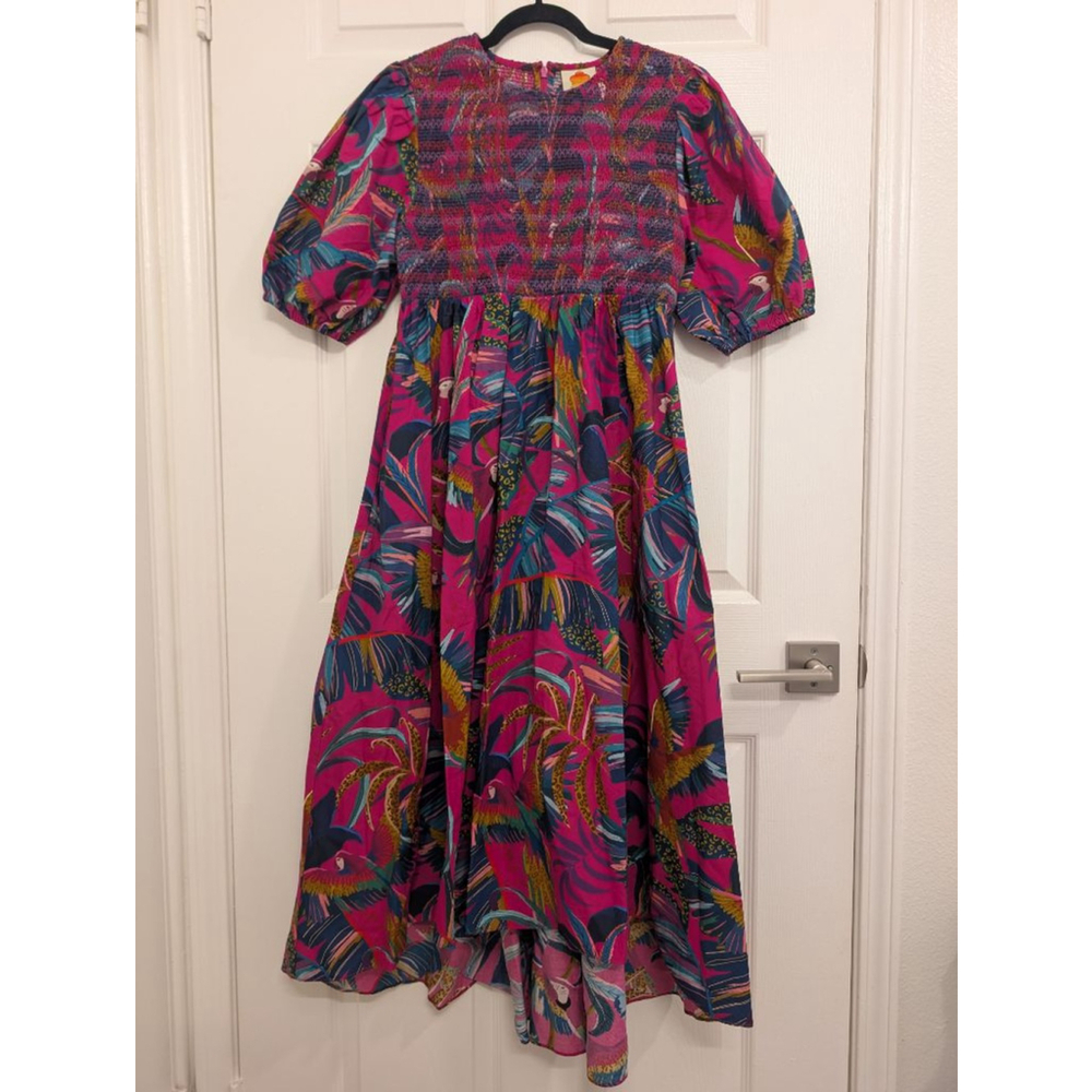 Farm Rio Rainbow Macaws Midi Dress Pink Blue Tropical Bird Print High Low Size S - Picture 6 of 9